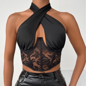Sexy Bandage Halter Crop Tops Women Gothic Black Sleeveless Backless Club Party Chic Wrap Lace Corsets Slim 